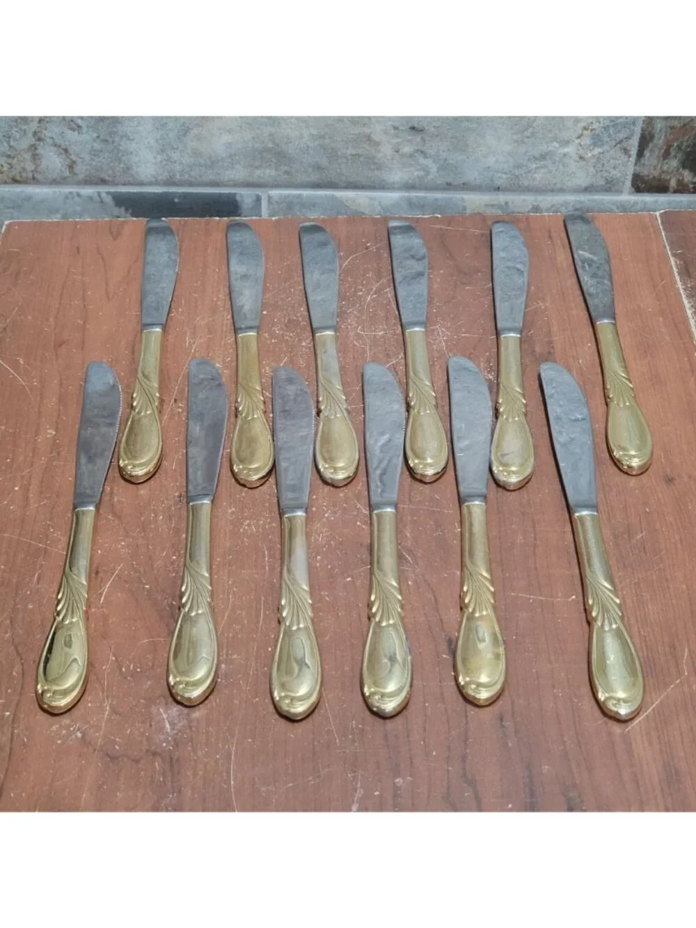 36 Piece Classic Plume Gold Electroplated Flatware Marked Stainless Steel Korea